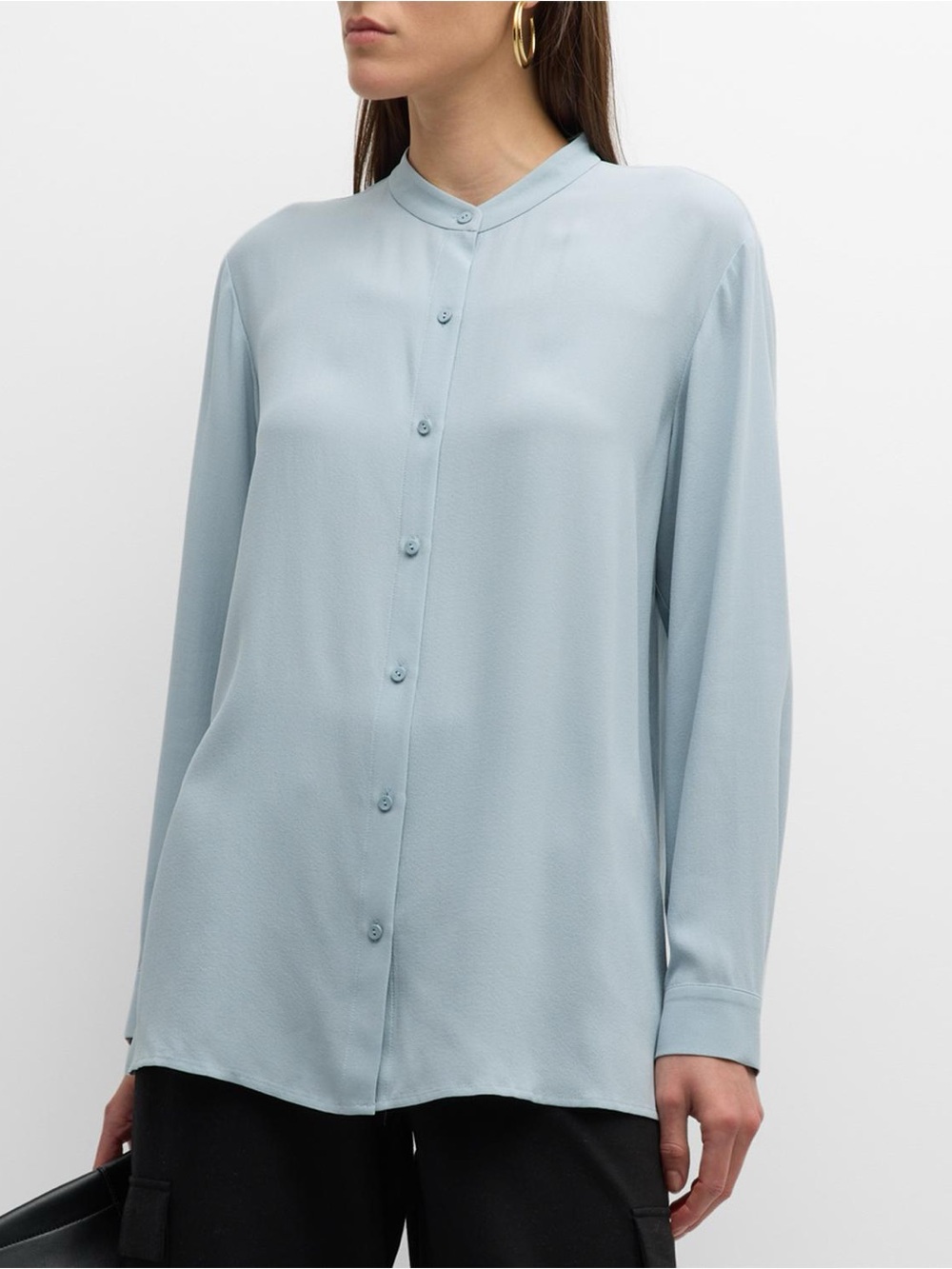 Eileen Fisher Button Down Georgette Crepe Silk Shirt Blouse Frost Blue S